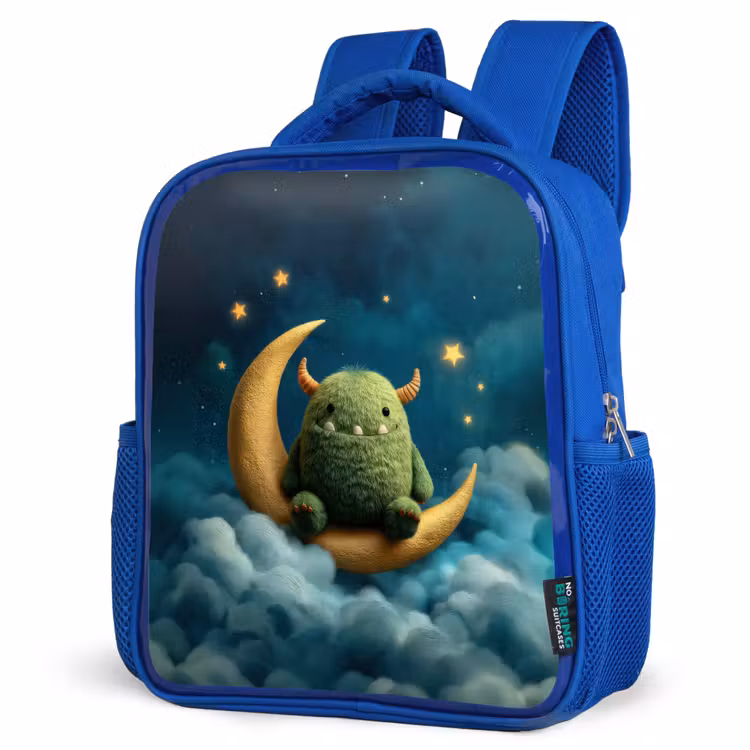 Rugzak kind - blauw - Groen pluismonster op maansikkel tussen dromerige wolken — 7
