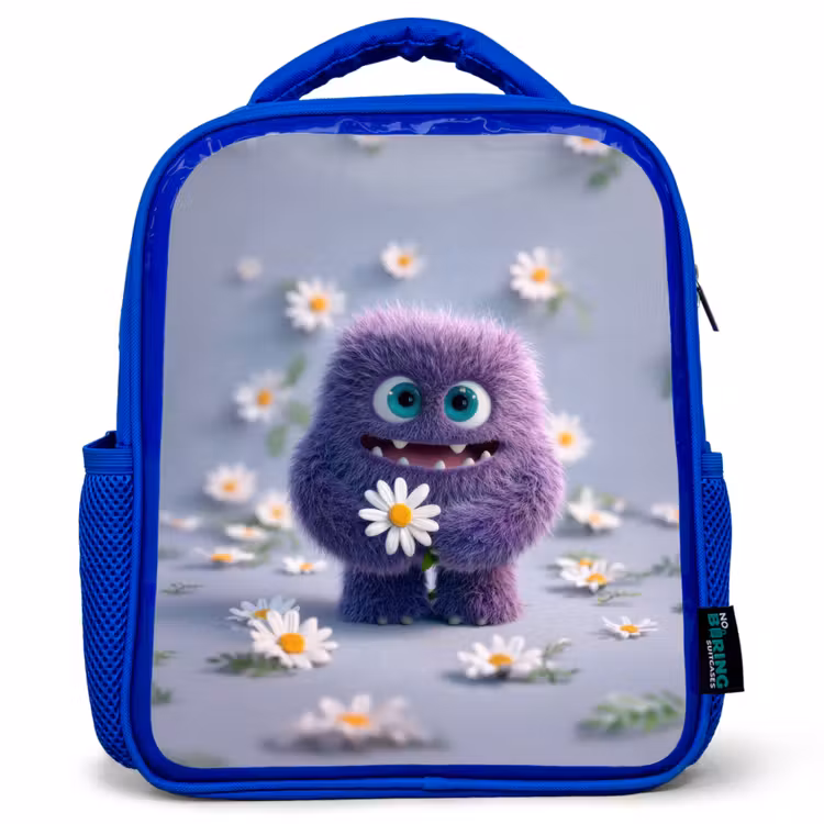 Rugzak kind - blauw - Lief paars pluismonster met madeliefje — 1