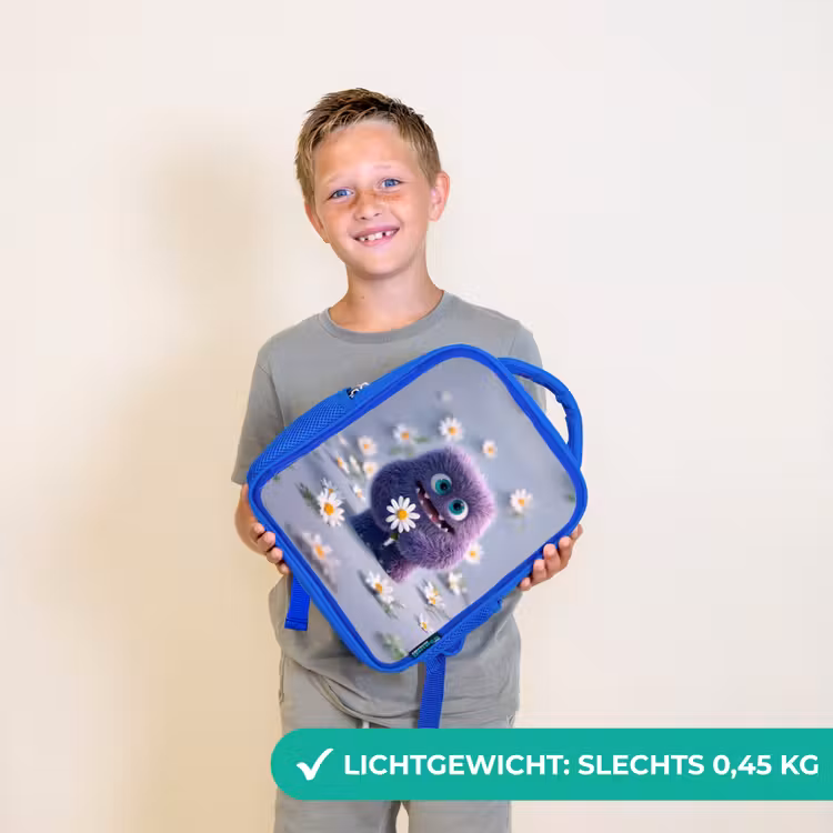 Rugzak kind - blauw - Lief paars pluismonster met madeliefje — 2
