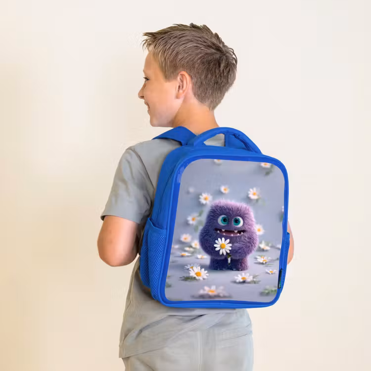 Rugzak kind - blauw - Lief paars pluismonster met madeliefje — 3