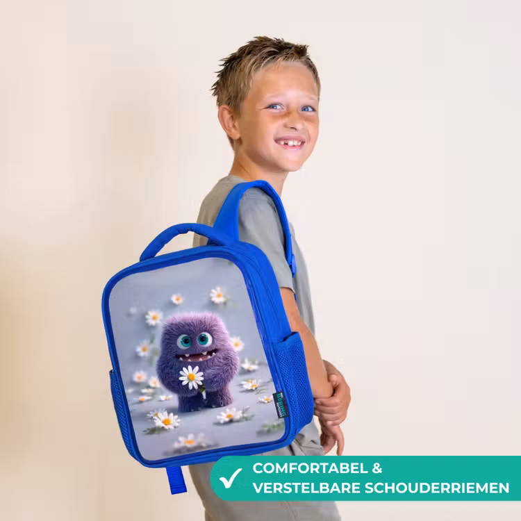 Rugzak kind - blauw - Lief paars pluismonster met madeliefje — 4