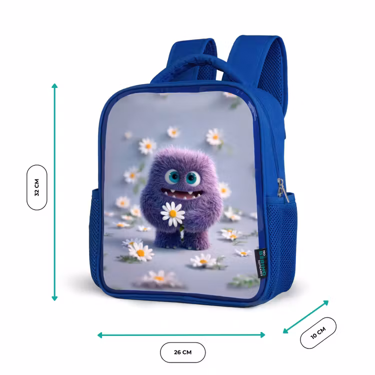 Rugzak kind - blauw - Lief paars pluismonster met madeliefje — 5