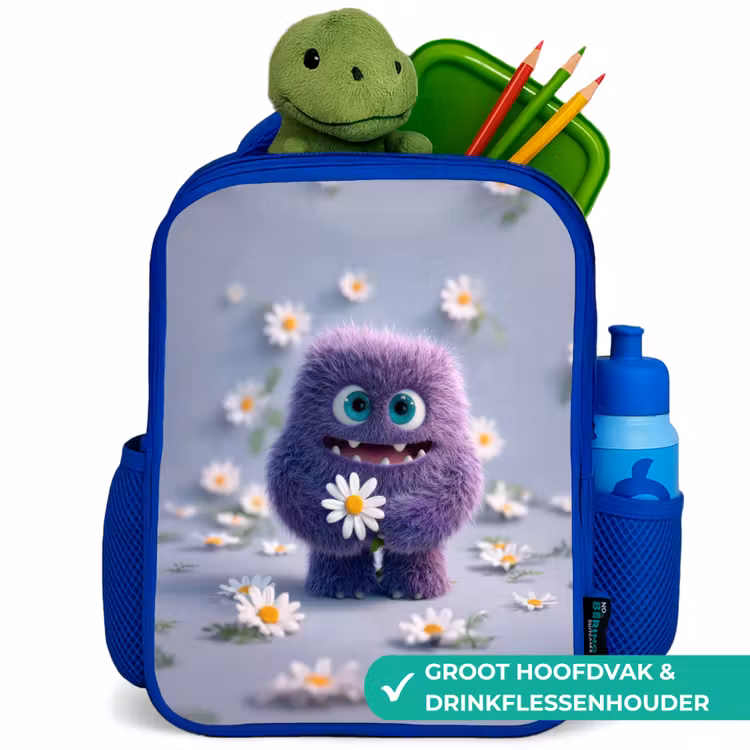 Rugzak kind - blauw - Lief paars pluismonster met madeliefje — 6