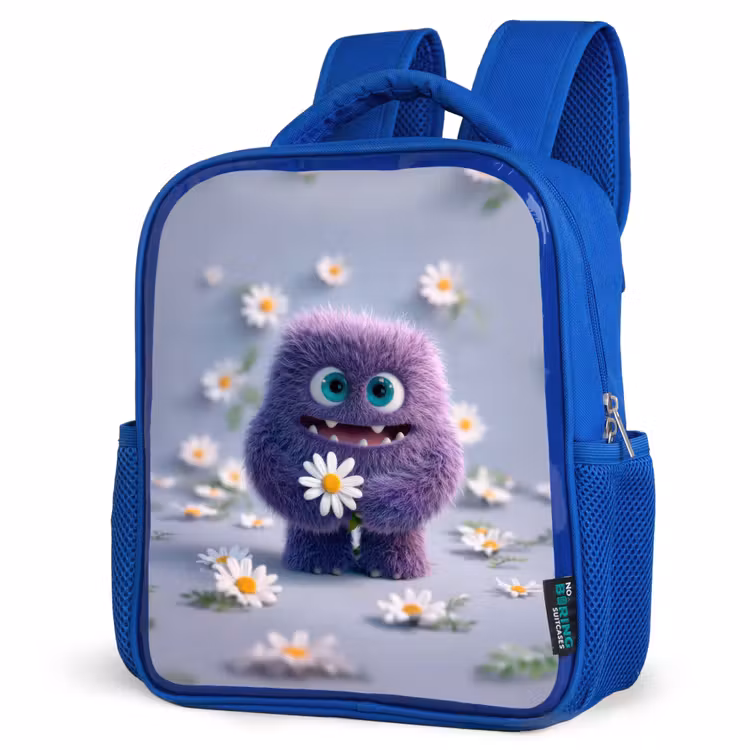 Rugzak kind - blauw - Lief paars pluismonster met madeliefje — 7