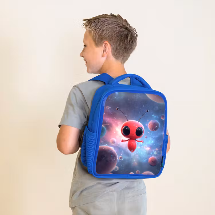 Rugzak kind - blauw - Rood buitenaards wezentje zwevend in kleurrijke kosmos — 3