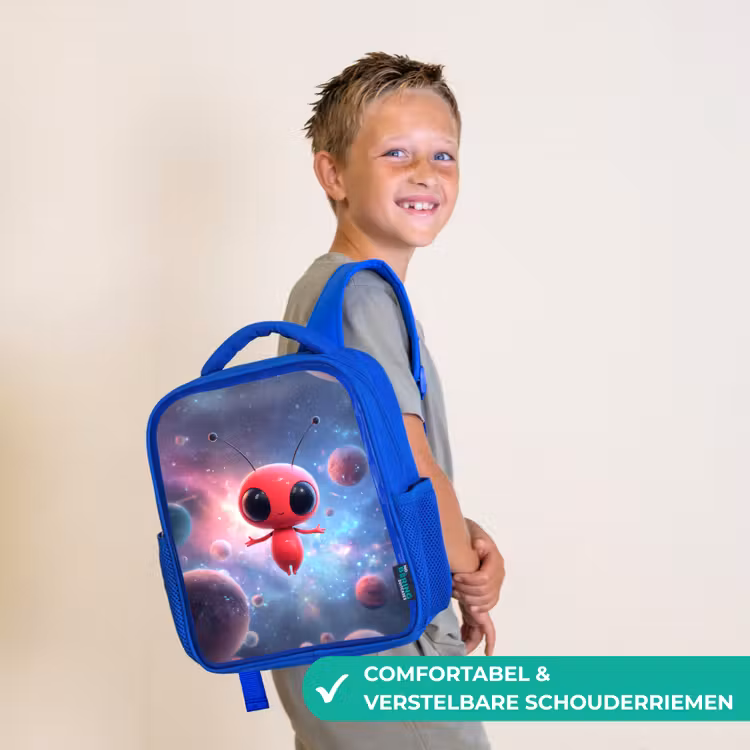 Rugzak kind - blauw - Rood buitenaards wezentje zwevend in kleurrijke kosmos — 4