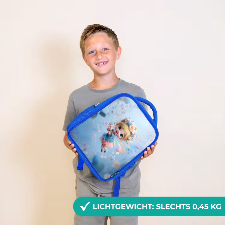 Rugzak kind - blauw - Stralende bloemenfee zwevend in een blauwe bloemenlucht — 2