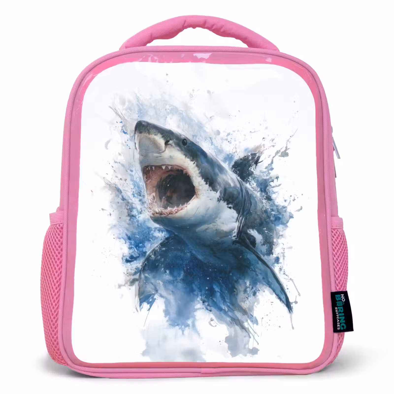 Rugzak kind - roze - Uitspringende haai met opengesperde bek in aquarelstijl — 1