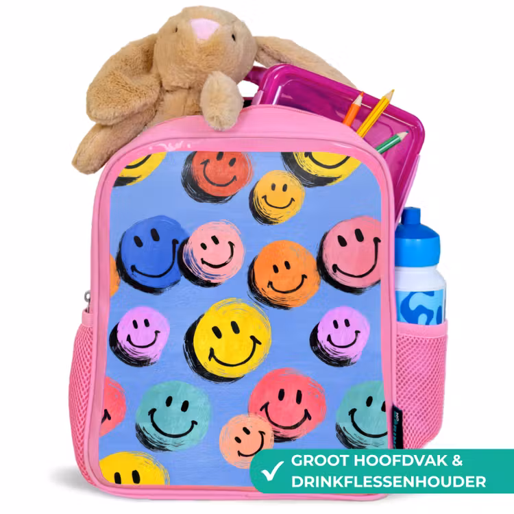 Rugzak kind - roze - Getekende smileykrabbels met felle penseelstreken — 2