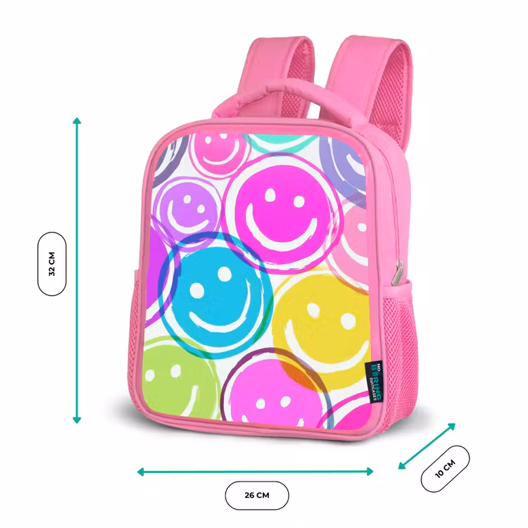 Rugzak kind - roze - Kleurrijke glimlachexplosie op wit canvas — 3