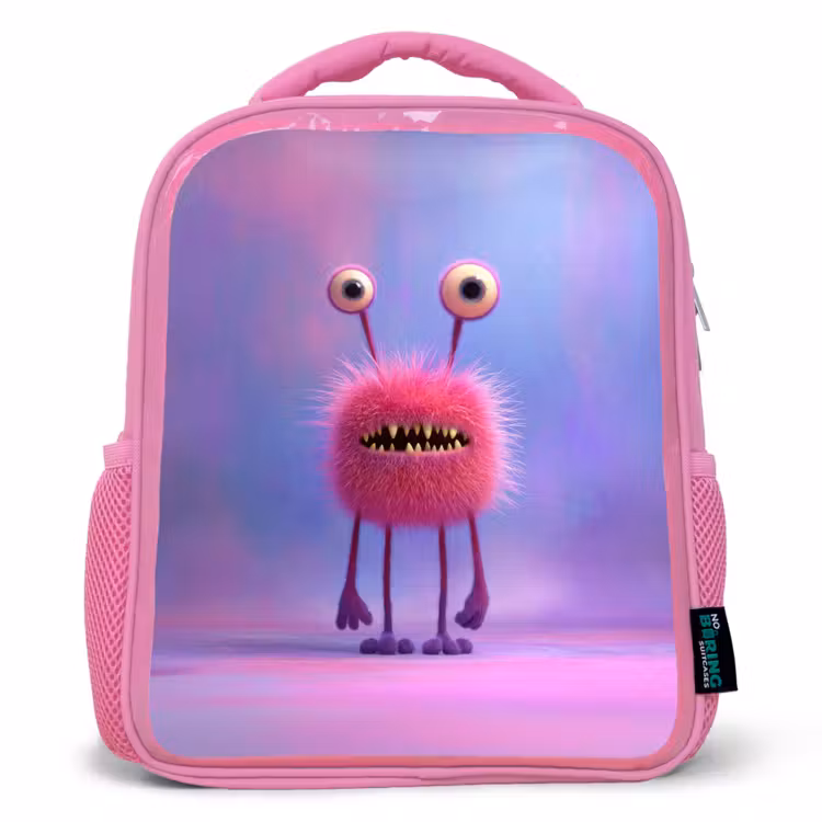 Rugzak kind - roze - Pluizig roze monster met priemende ogen en scherpe tanden — 1