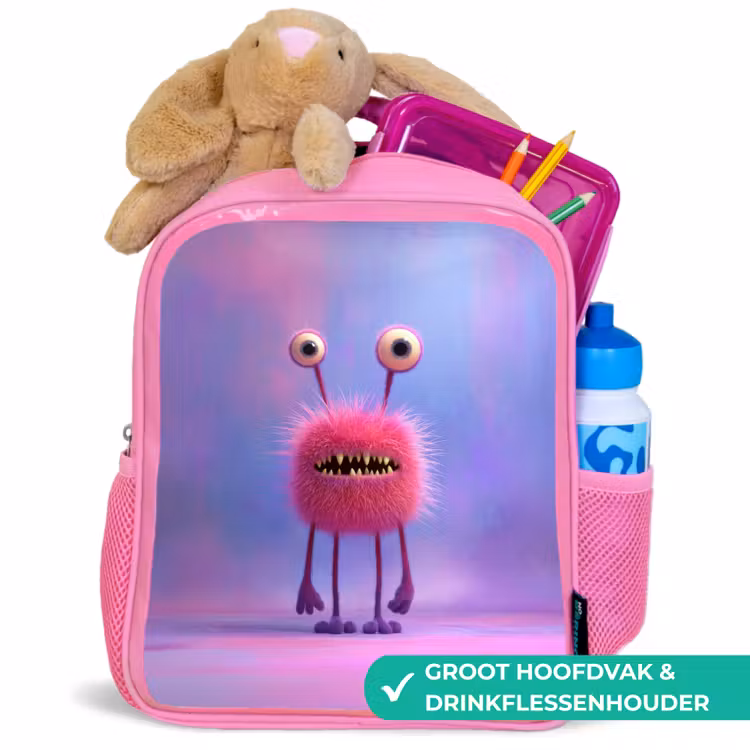 Rugzak kind - roze - Pluizig roze monster met priemende ogen en scherpe tanden — 2
