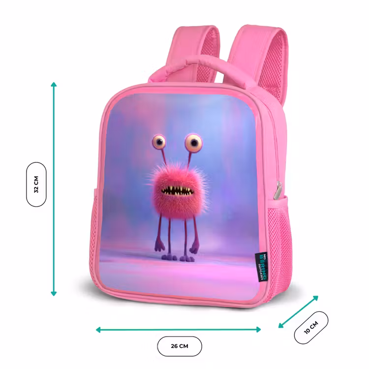 Rugzak kind - roze - Pluizig roze monster met priemende ogen en scherpe tanden — 3