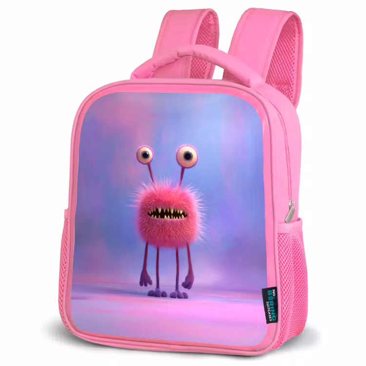 Rugzak kind - roze - Pluizig roze monster met priemende ogen en scherpe tanden — 4