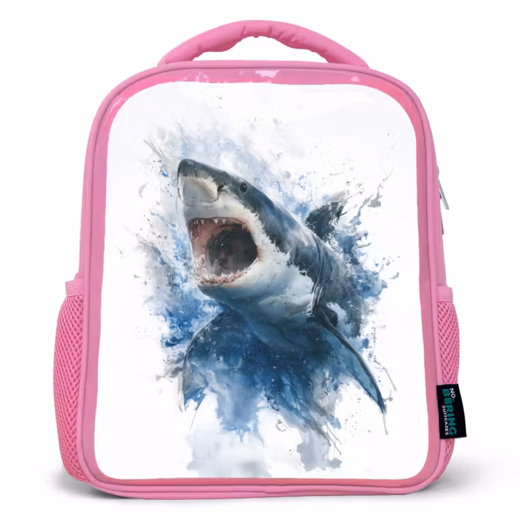 Rugzak kind - roze - Uitspringende haai met opengesperde bek in aquarelstijl — 1