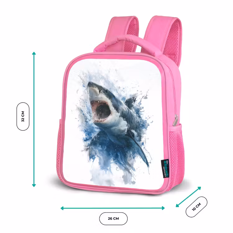 Rugzak kind - roze - Uitspringende haai met opengesperde bek in aquarelstijl — 3