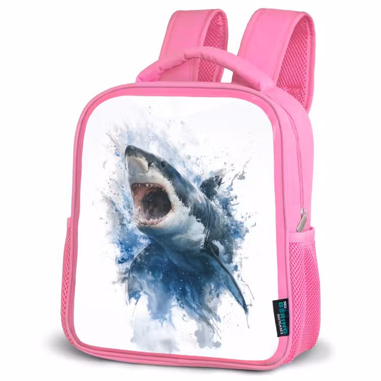 Rugzak kind - roze - Uitspringende haai met opengesperde bek in aquarelstijl — 4