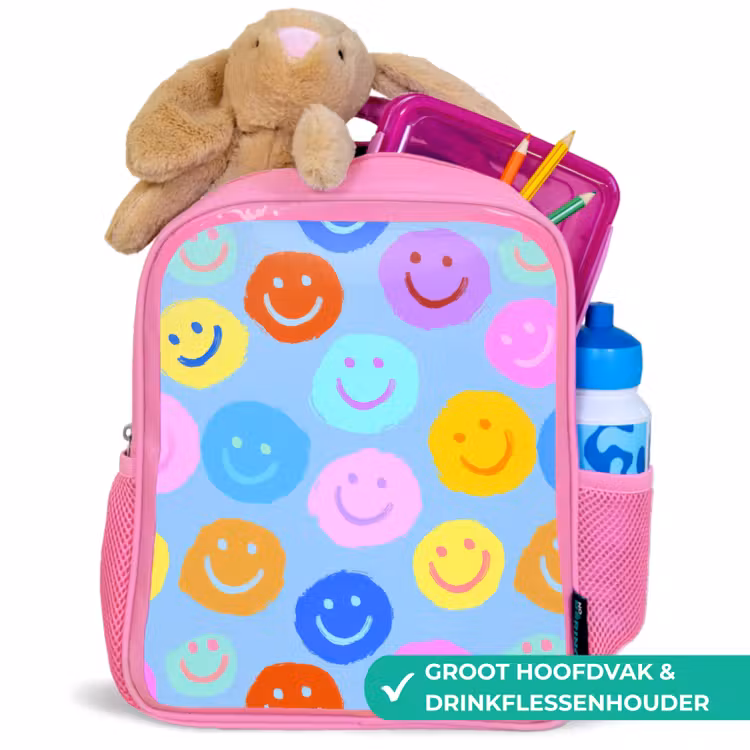 Rugzak kind - roze - Verfachtige smileycollage op lichtblauw — 2
