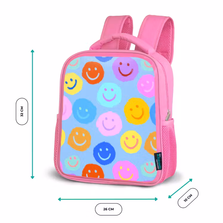 Rugzak kind - roze - Verfachtige smileycollage op lichtblauw — 3