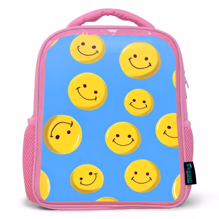Rugzak kind - roze - Vrolijke smileyregen op blauwe achtergrond — 1