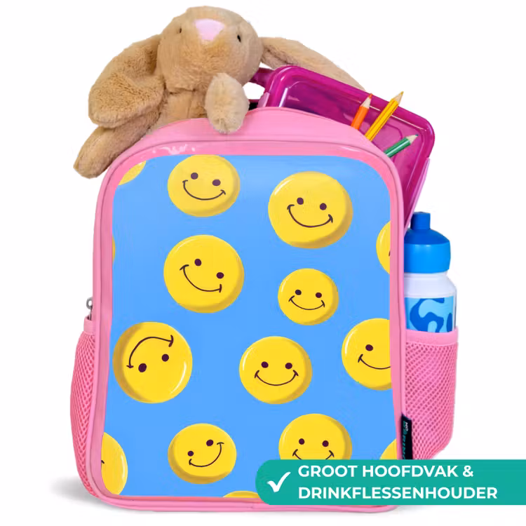 Rugzak kind - roze - Vrolijke smileyregen op blauwe achtergrond — 2