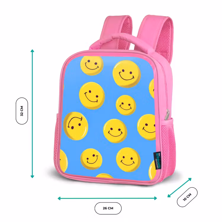 Rugzak kind - roze - Vrolijke smileyregen op blauwe achtergrond — 3