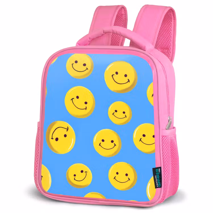 Rugzak kind - roze - Vrolijke smileyregen op blauwe achtergrond — 4