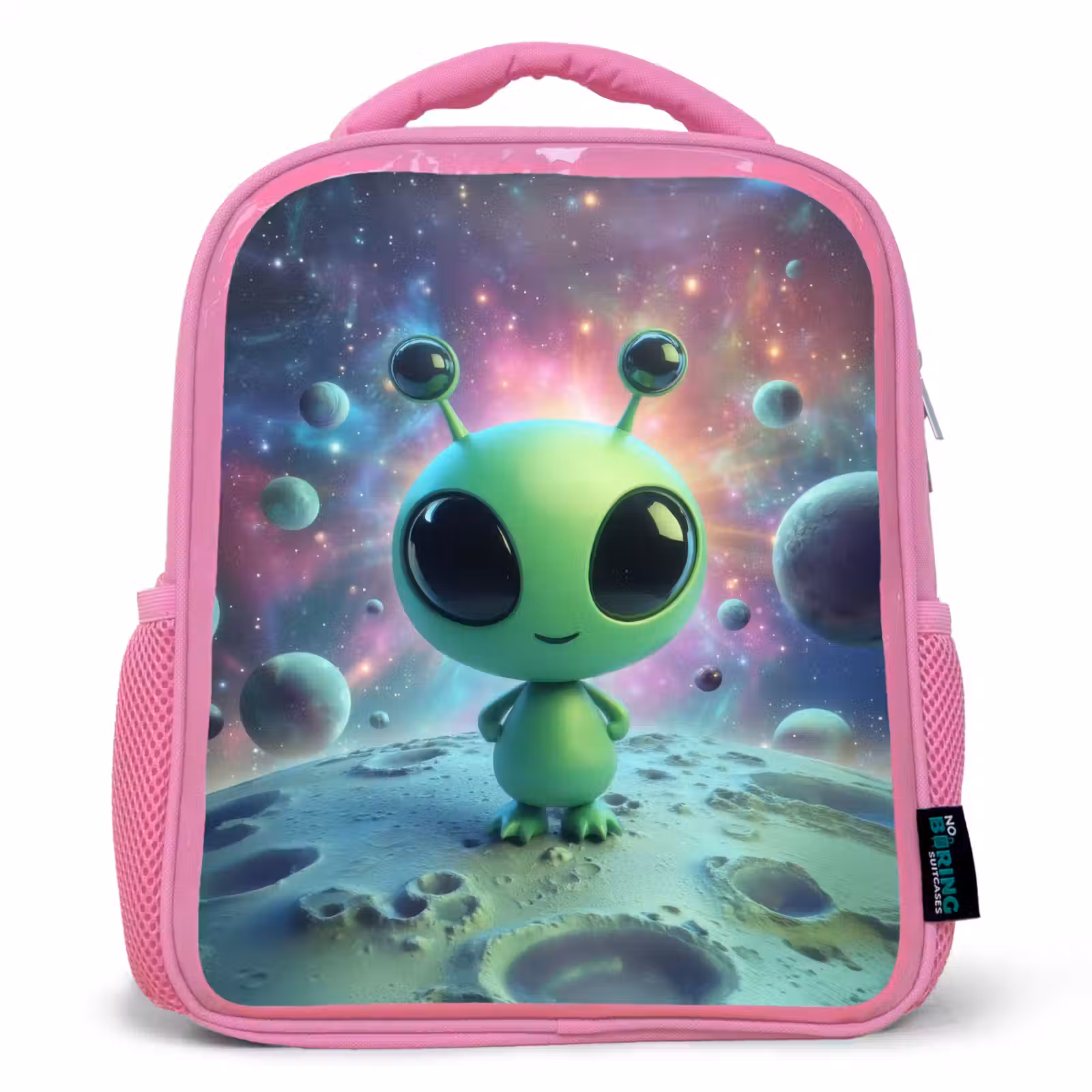 Rugzak kind - roze - Groen alienfiguurtje op maanlandschap met kosmische achtergrond — 1