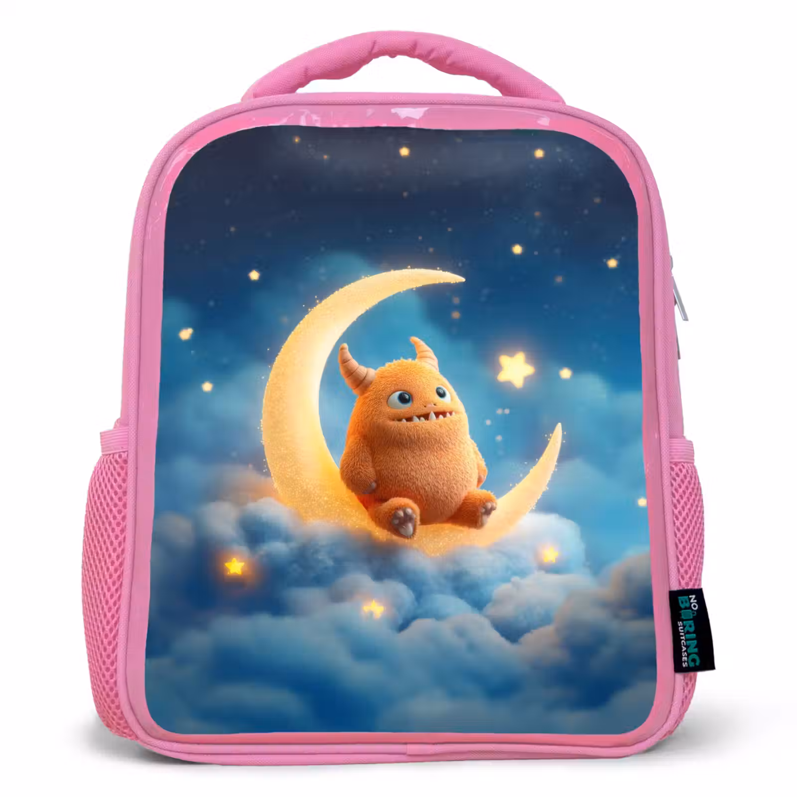 Rugzak kind - roze - Oranje knuffelmonster op een glinsterende maan — 1