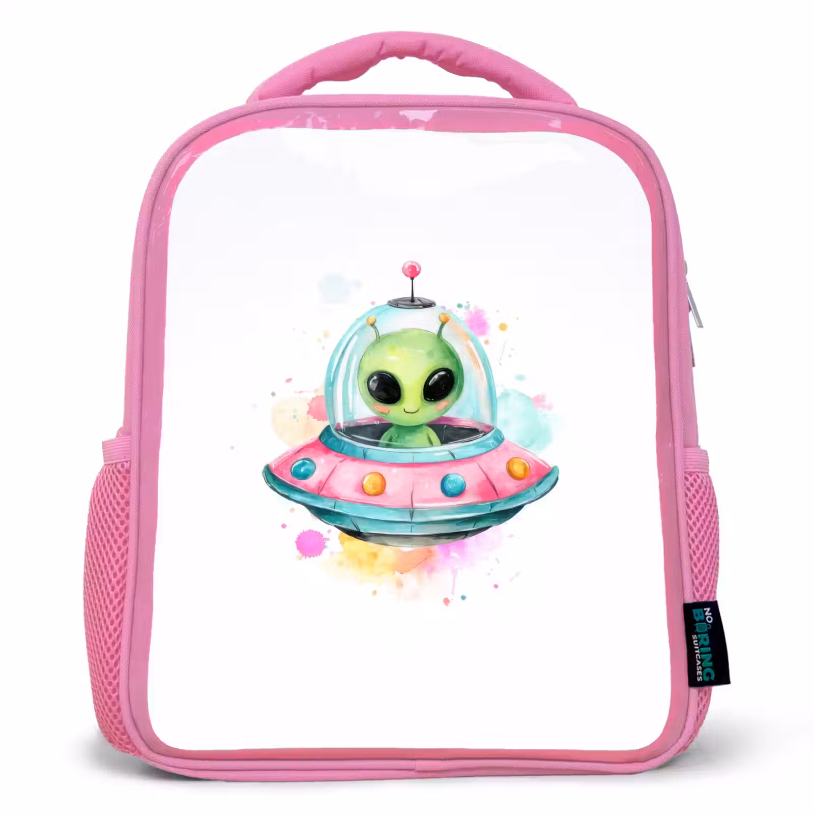 Rugzak kind - roze - Vrolijke alien in kleurrijke vliegende schotel met aquarelspatten — 1