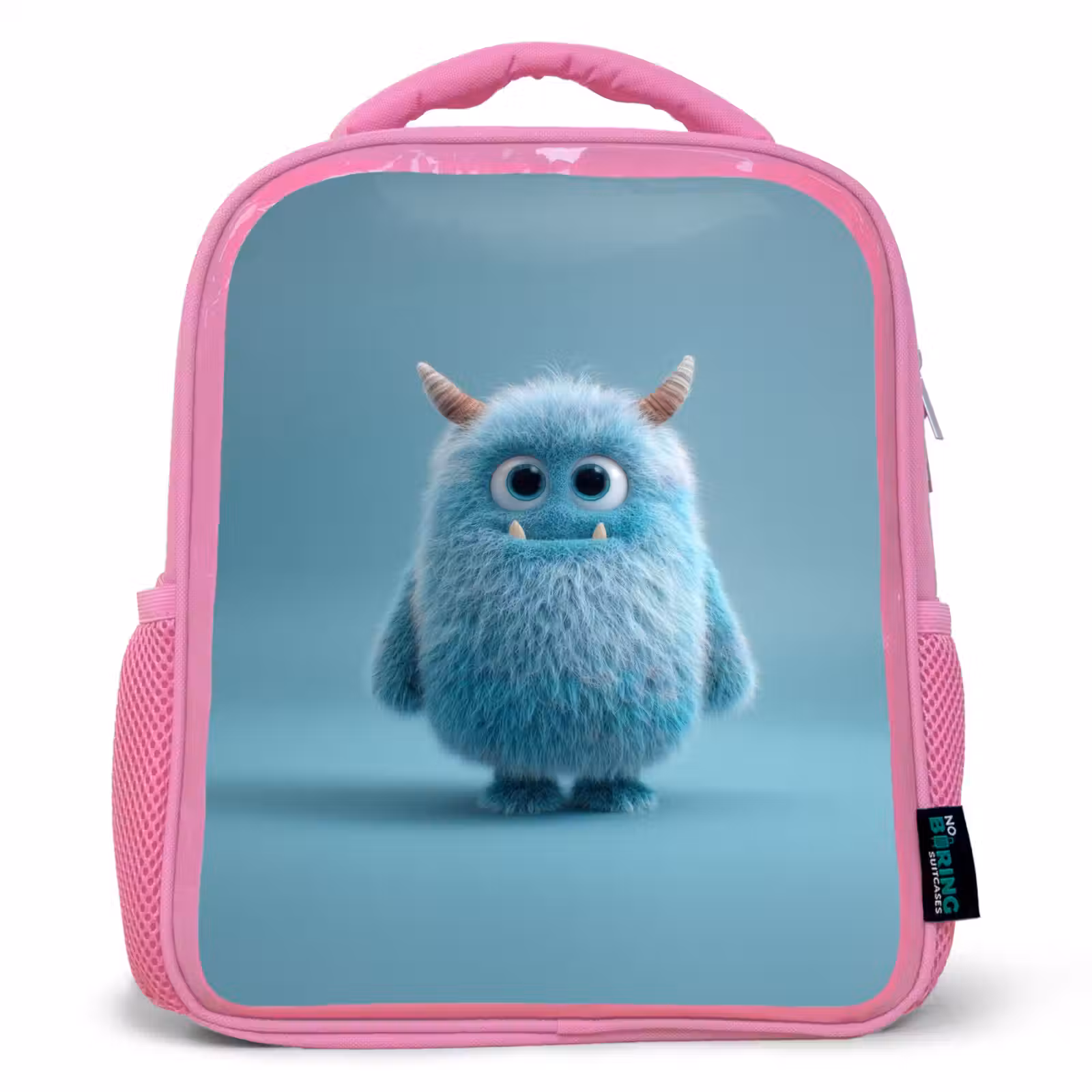 Rugzak kind - roze - Zacht pluizig monster met hoorns en grote ogen — 1