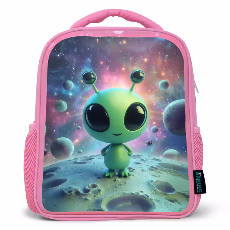 Rugzak kind - roze - Groen alienfiguurtje op maanlandschap met kosmische achtergrond — 1
