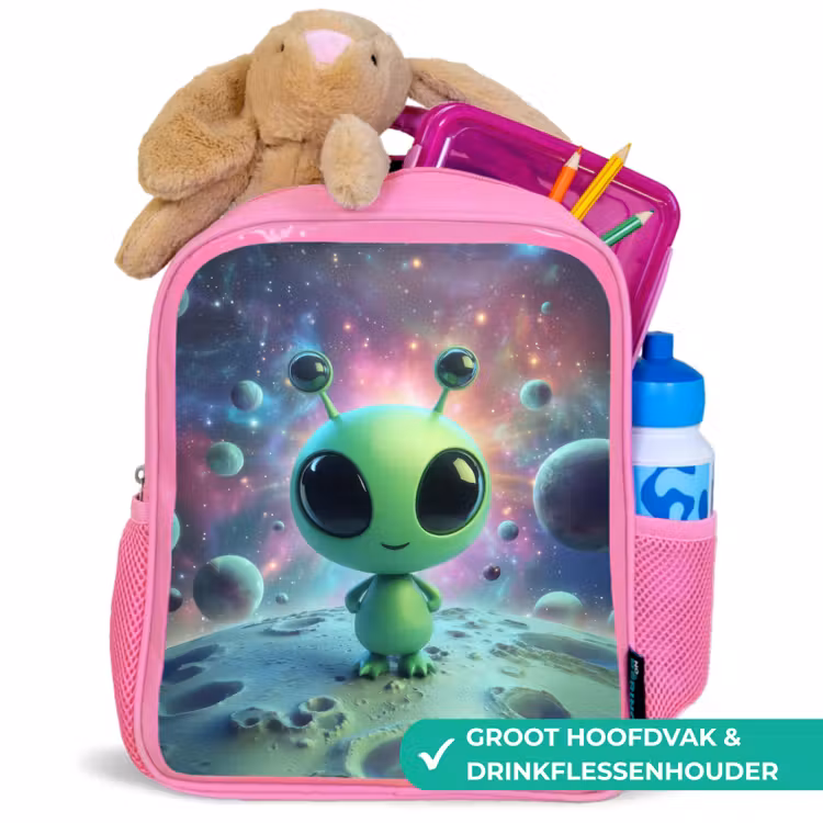 Rugzak kind - roze - Groen alienfiguurtje op maanlandschap met kosmische achtergrond — 2