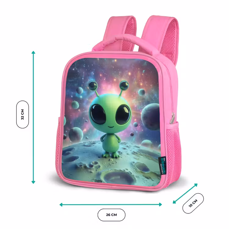 Rugzak kind - roze - Groen alienfiguurtje op maanlandschap met kosmische achtergrond — 3