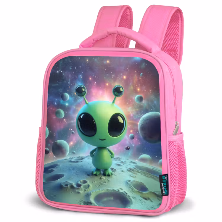 Rugzak kind - roze - Groen alienfiguurtje op maanlandschap met kosmische achtergrond — 4