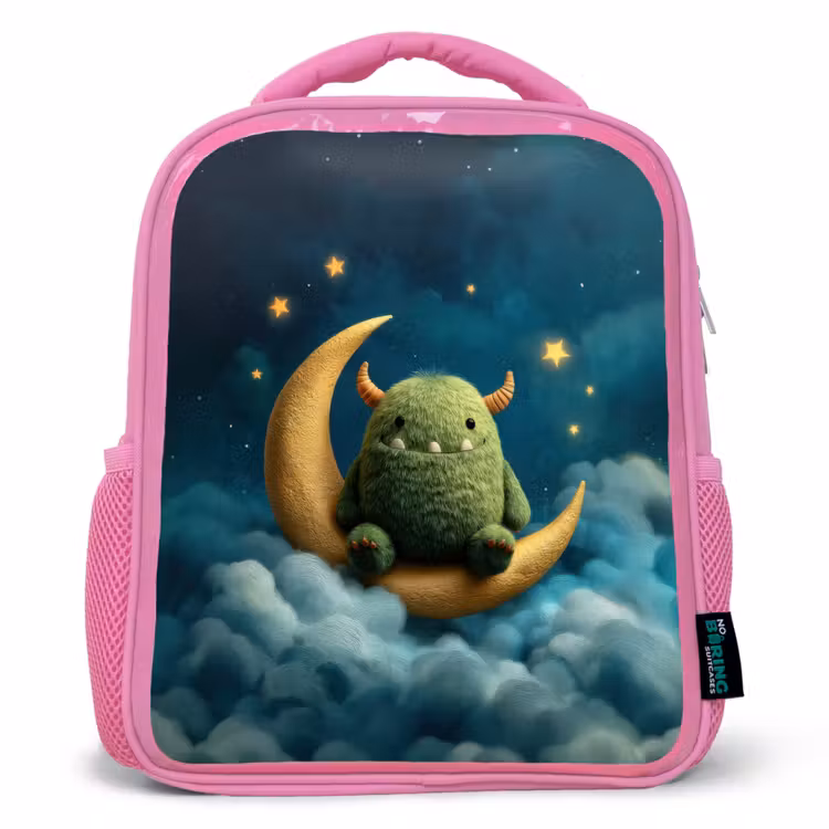 Rugzak kind - roze - Groen pluismonster op maansikkel tussen dromerige wolken — 1