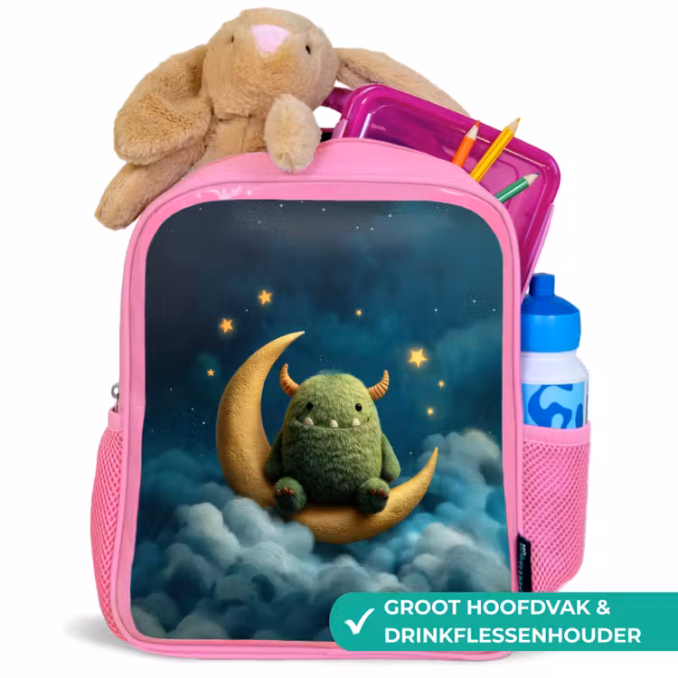 Rugzak kind - roze - Groen pluismonster op maansikkel tussen dromerige wolken — 2