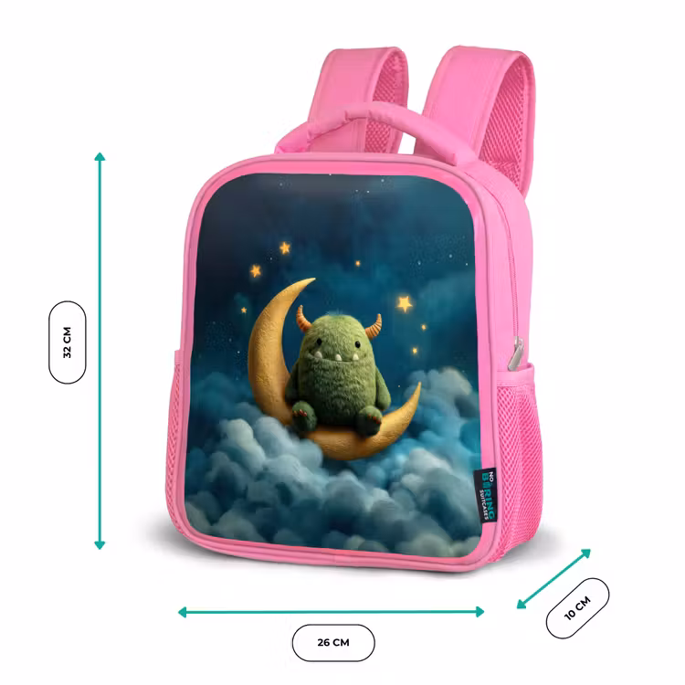 Rugzak kind - roze - Groen pluismonster op maansikkel tussen dromerige wolken — 3