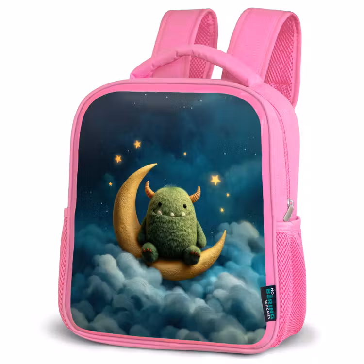 Rugzak kind - roze - Groen pluismonster op maansikkel tussen dromerige wolken — 4