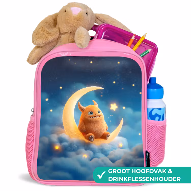 Rugzak kind - roze - Oranje knuffelmonster op een glinsterende maan — 2