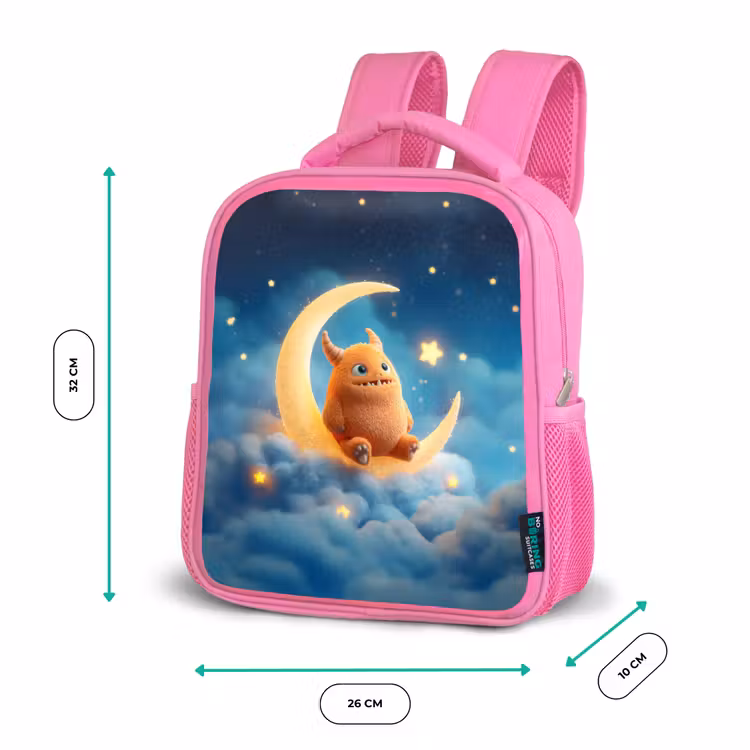 Rugzak kind - roze - Oranje knuffelmonster op een glinsterende maan — 3