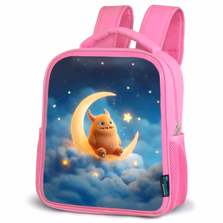 Rugzak kind - roze - Oranje knuffelmonster op een glinsterende maan — 4
