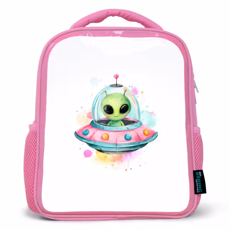 Rugzak kind - roze - Vrolijke alien in kleurrijke vliegende schotel met aquarelspatten — 1