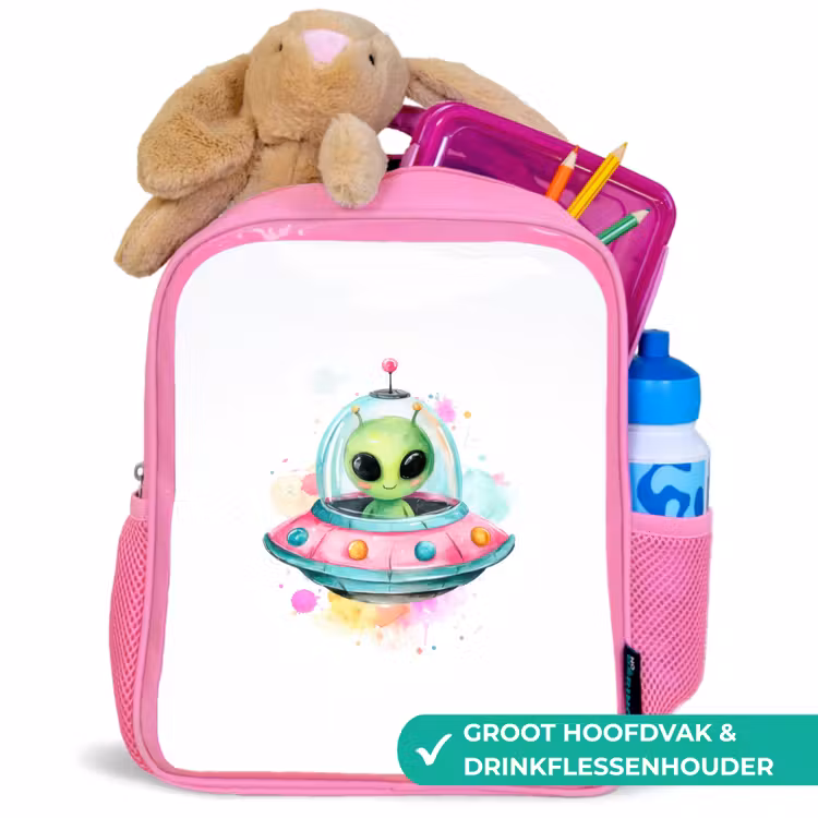 Rugzak kind - roze - Vrolijke alien in kleurrijke vliegende schotel met aquarelspatten — 2
