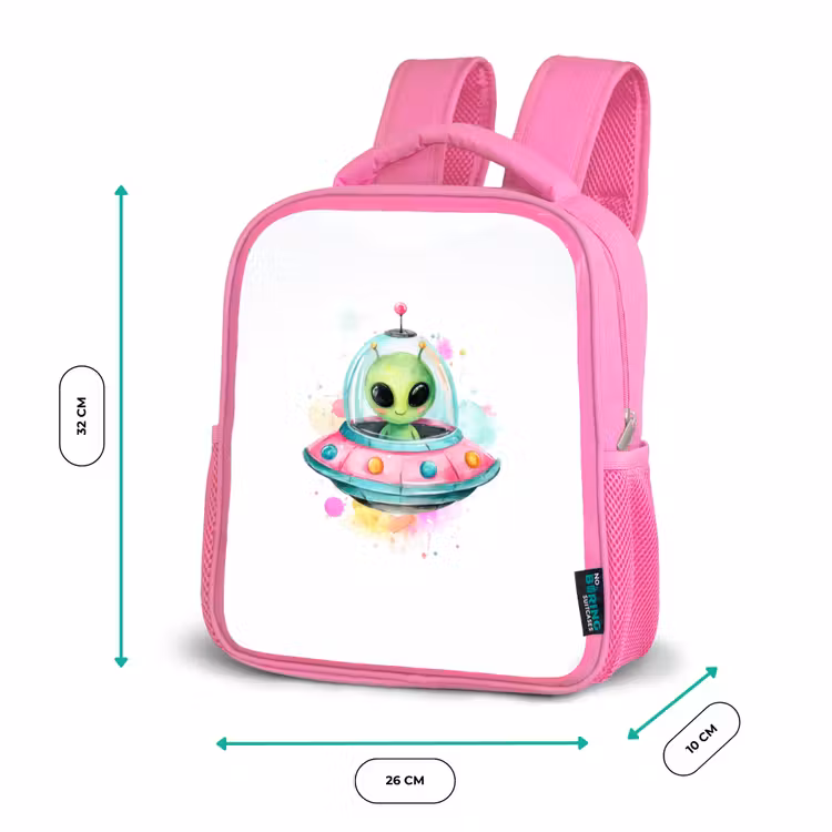 Rugzak kind - roze - Vrolijke alien in kleurrijke vliegende schotel met aquarelspatten — 3