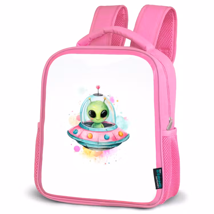 Rugzak kind - roze - Vrolijke alien in kleurrijke vliegende schotel met aquarelspatten — 4