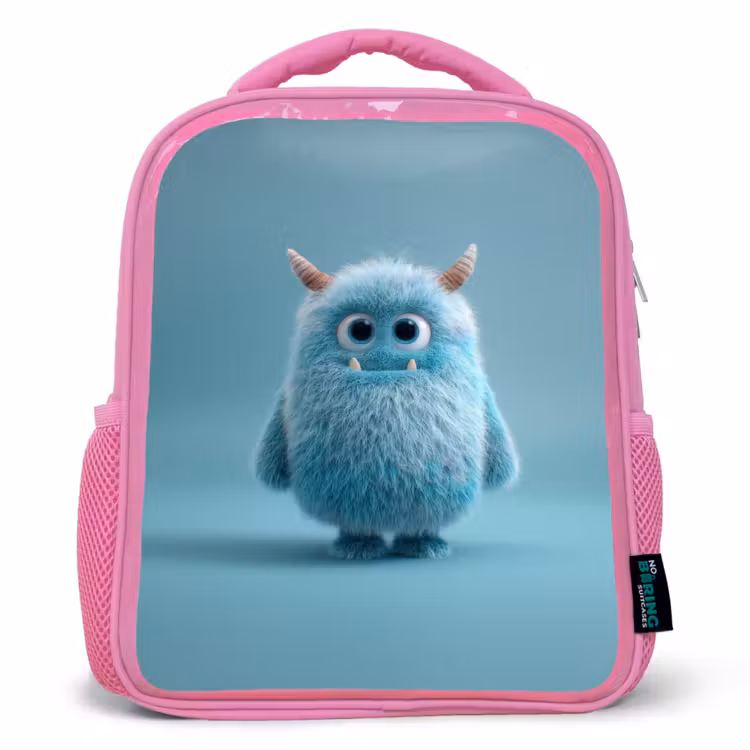 Rugzak kind - roze - Zacht pluizig monster met hoorns en grote ogen — 1