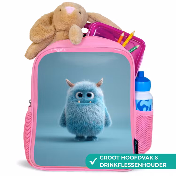 Rugzak kind - roze - Zacht pluizig monster met hoorns en grote ogen — 2