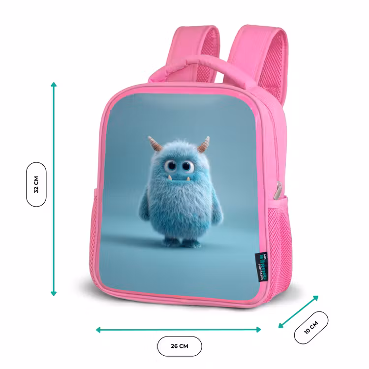 Rugzak kind - roze - Zacht pluizig monster met hoorns en grote ogen — 3