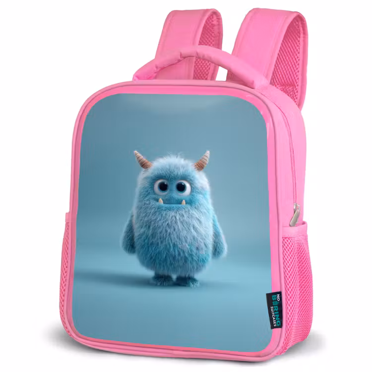 Rugzak kind - roze - Zacht pluizig monster met hoorns en grote ogen — 4